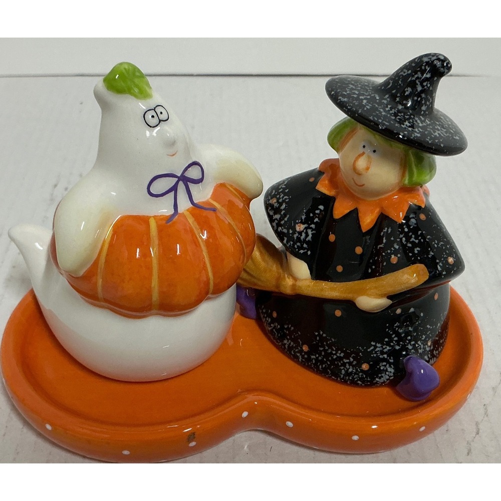 Halloween Ghost and Witch Salt and Pepper Shaker Set with Tray Orange Black